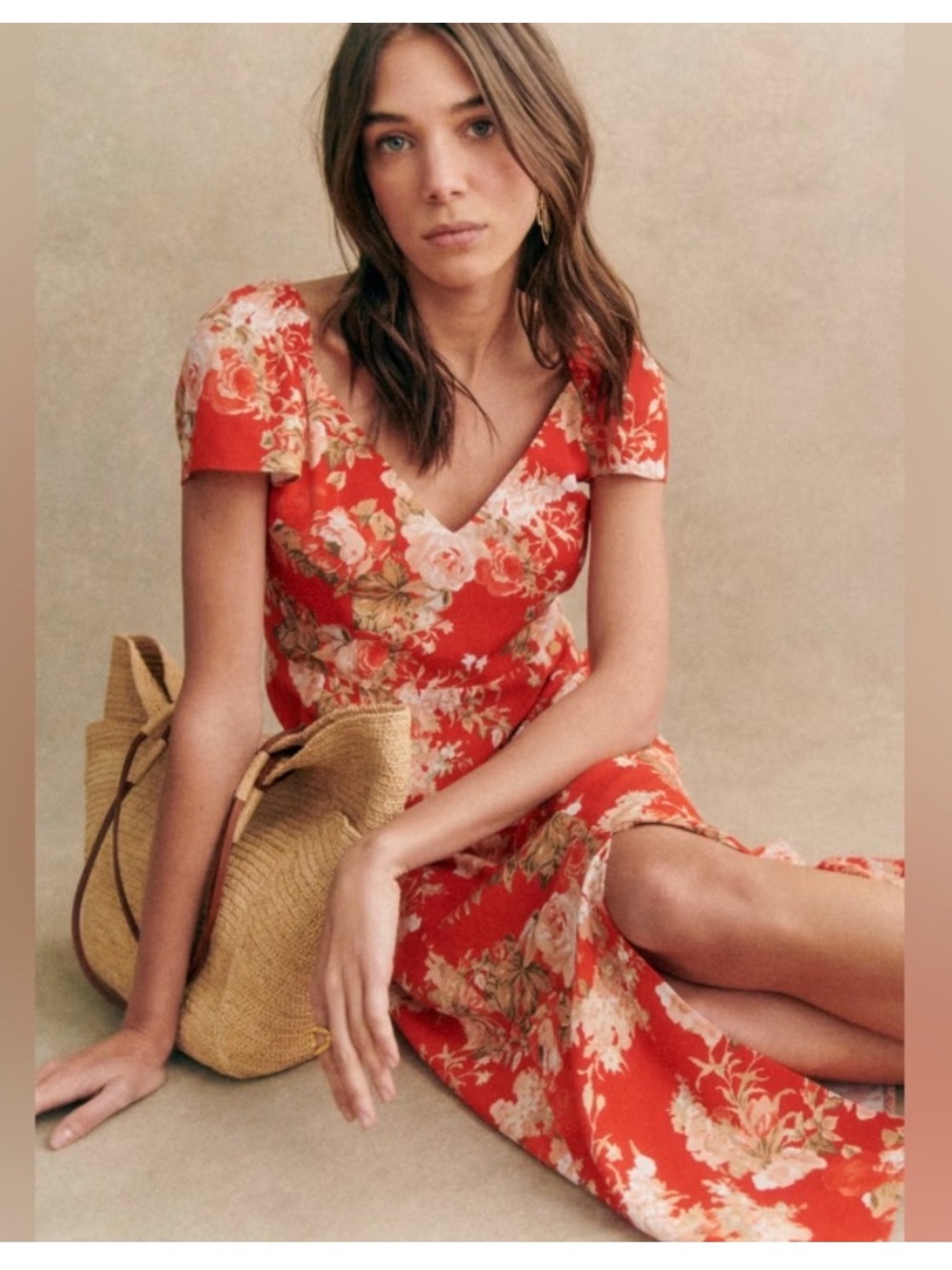 New Sezane Alessia Dress Red Floral Midi Size 34 US 2